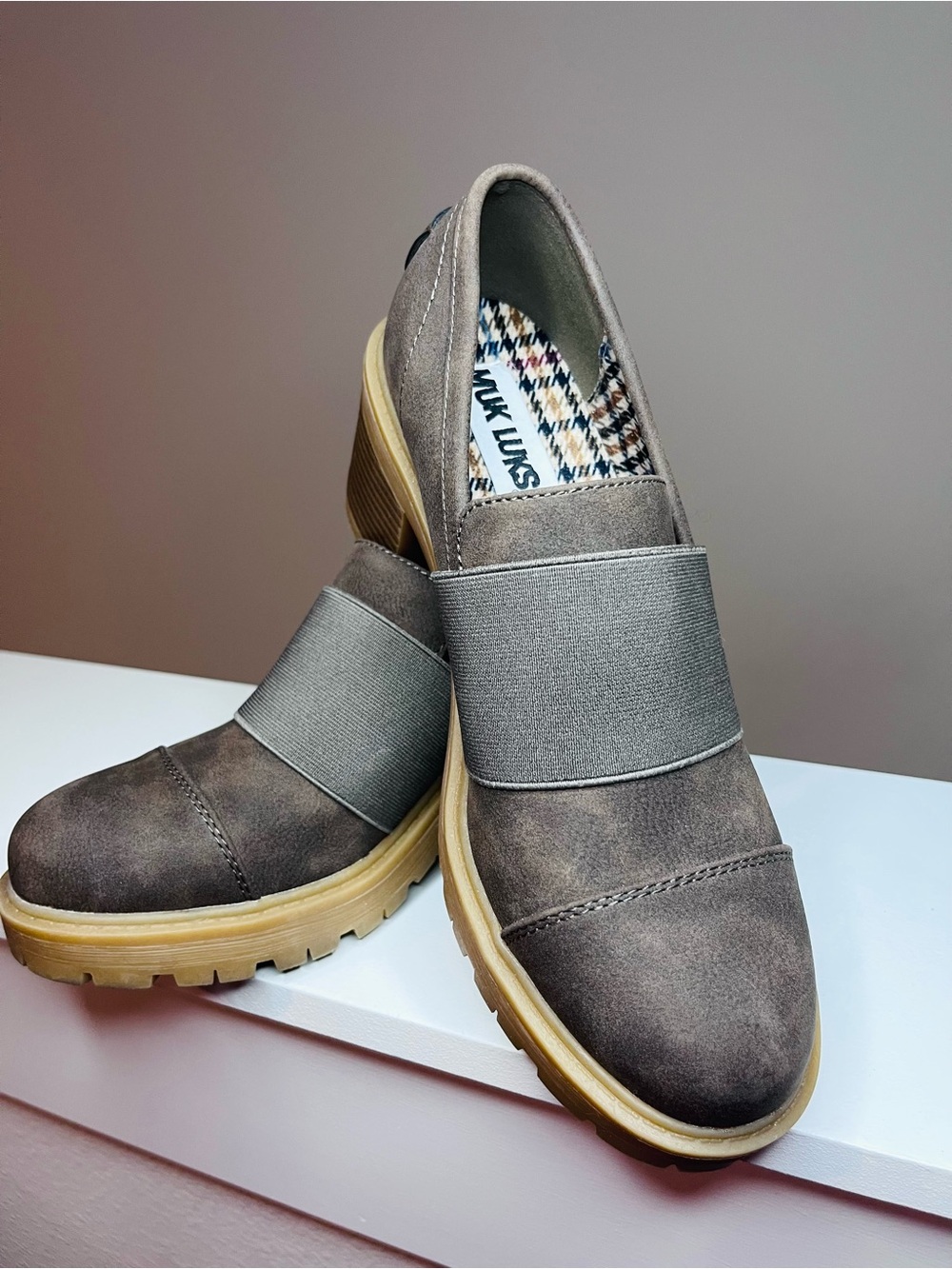 Muk Luks Women Taupe Slip-On Loafers with Elastic Band